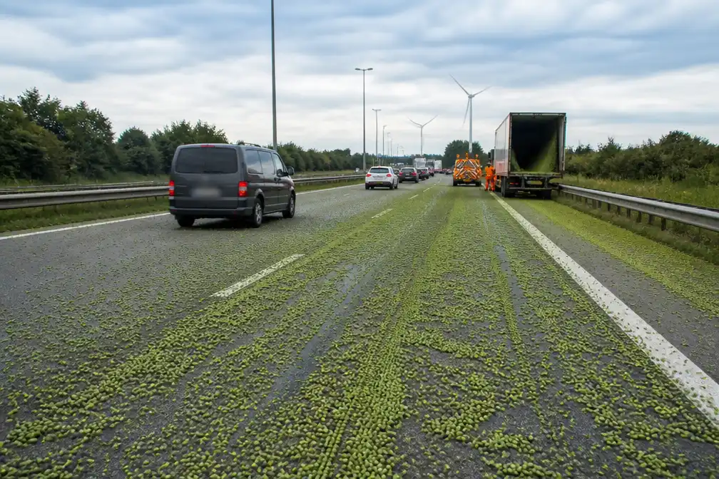 Vrachtwagen verliest 30 ton erwten op A19 bij Geluveld, verkeer ontregeld