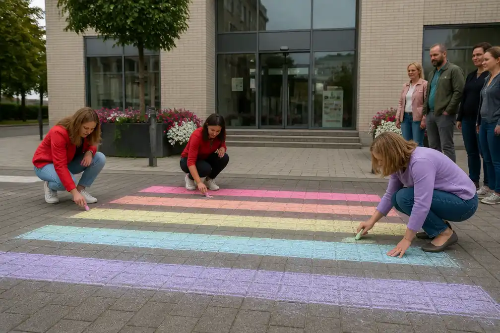 Oppositiepartij tekent regenboogzebrapad in stoepkrijt in Kortenberg na weigering permanent exemplaar