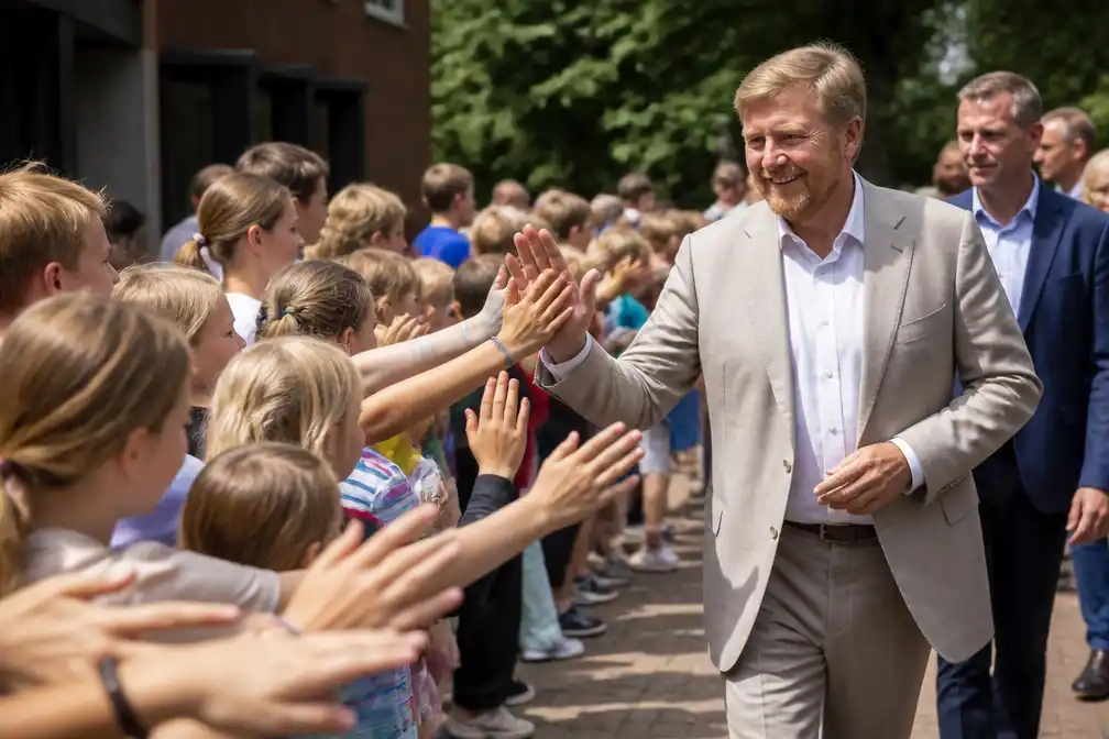 Koning Willem-Alexander geeft eindeloze rij kinderen high five in Austerlitz