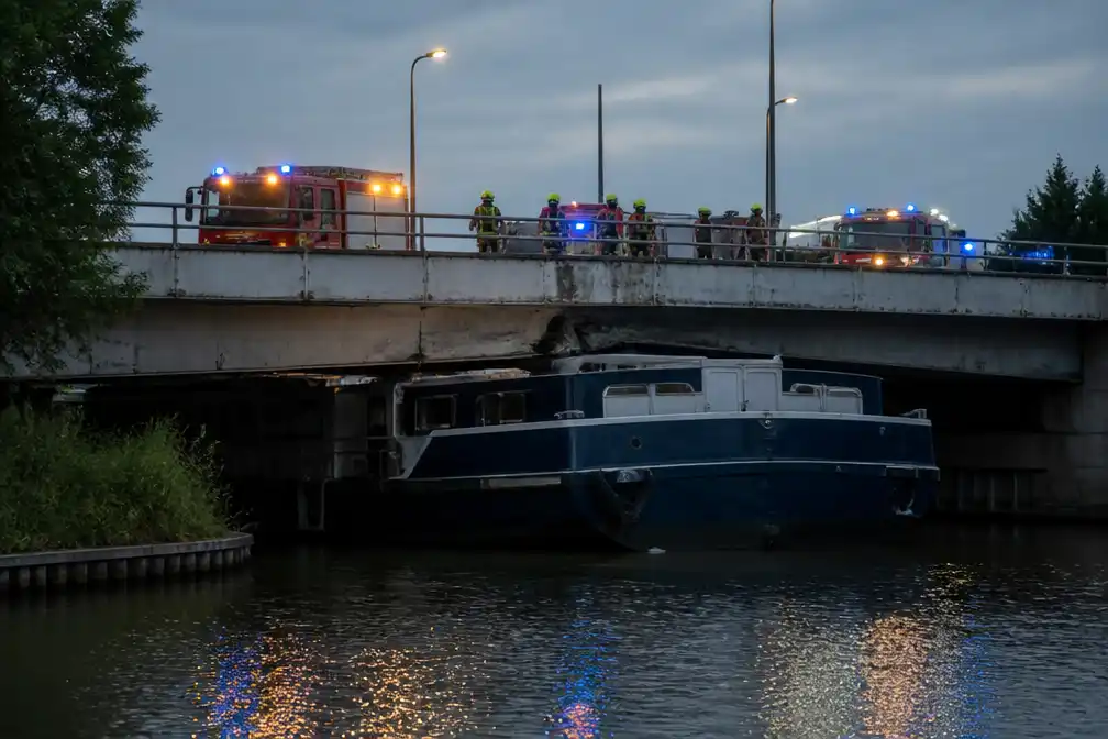 Schip klem onder brug in Weert