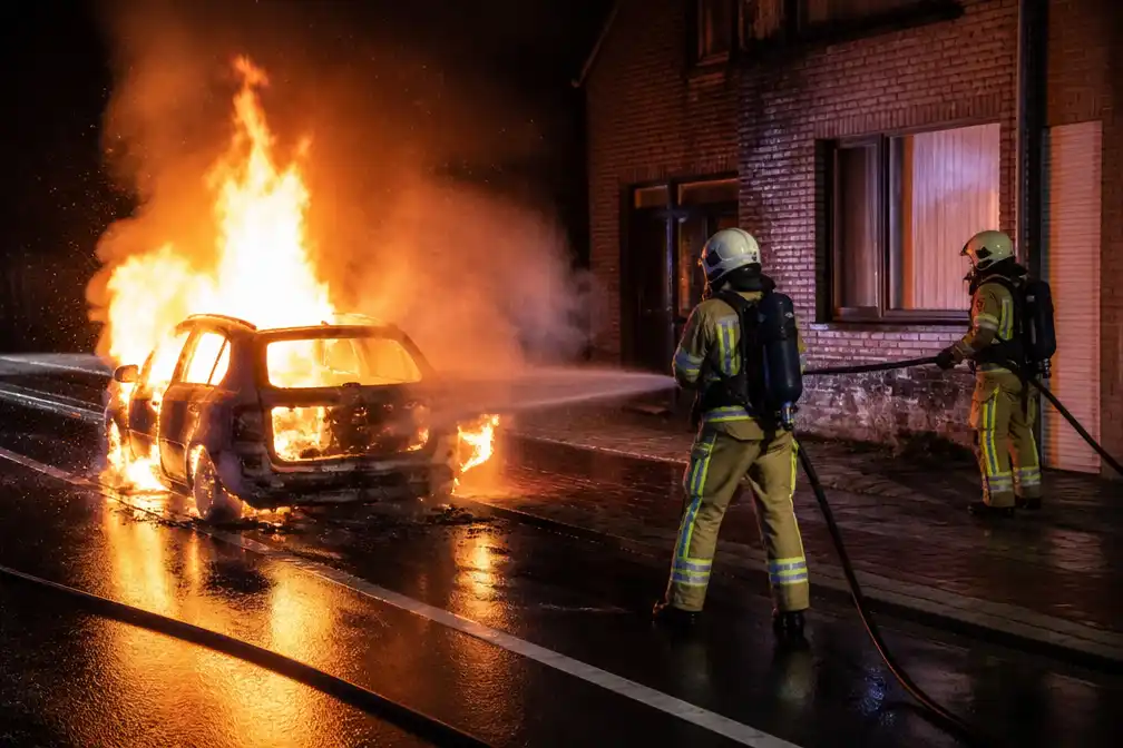 Bestuurder ontsnapt aan brandende auto in Ichtegem; woning en wegdek beschadigd