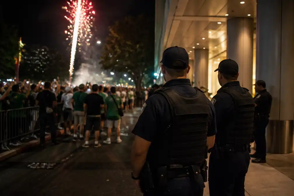 Mexicaanse fans steken vuurwerk af bij hotel Engeland voor WK-duel
