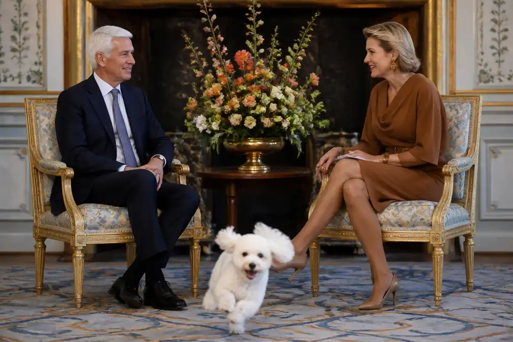 Hond Mambo steelt de show tijdens zakelijk overleg Máxima met Jamie Dimon