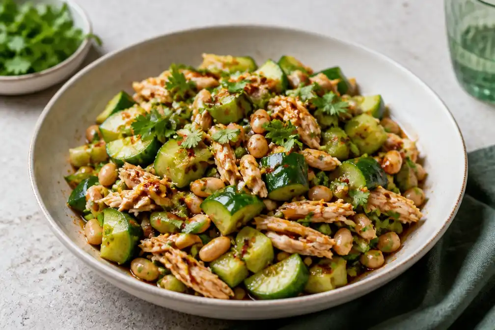 Recept: Spicy komkommersalade met kip en witte bonen