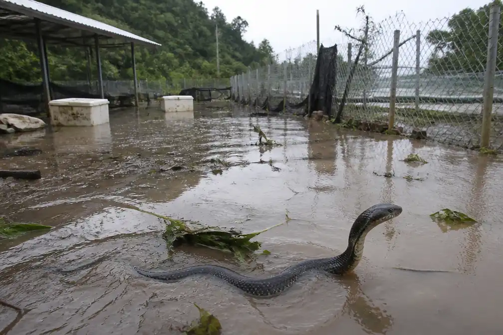 Honderden giftige slangen ontsnappen uit ondergelopen kwekerijen in Zuid-China na tyfoon Maysak