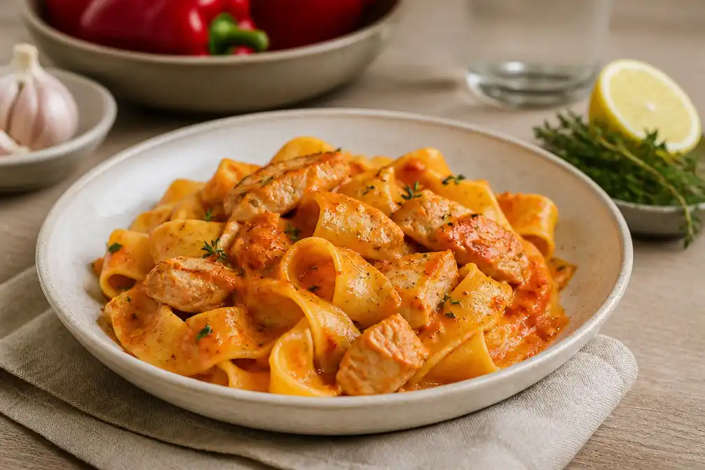 Hugo Kennis deelt recept voor pappardelle met kip en gepofte paprikasaus