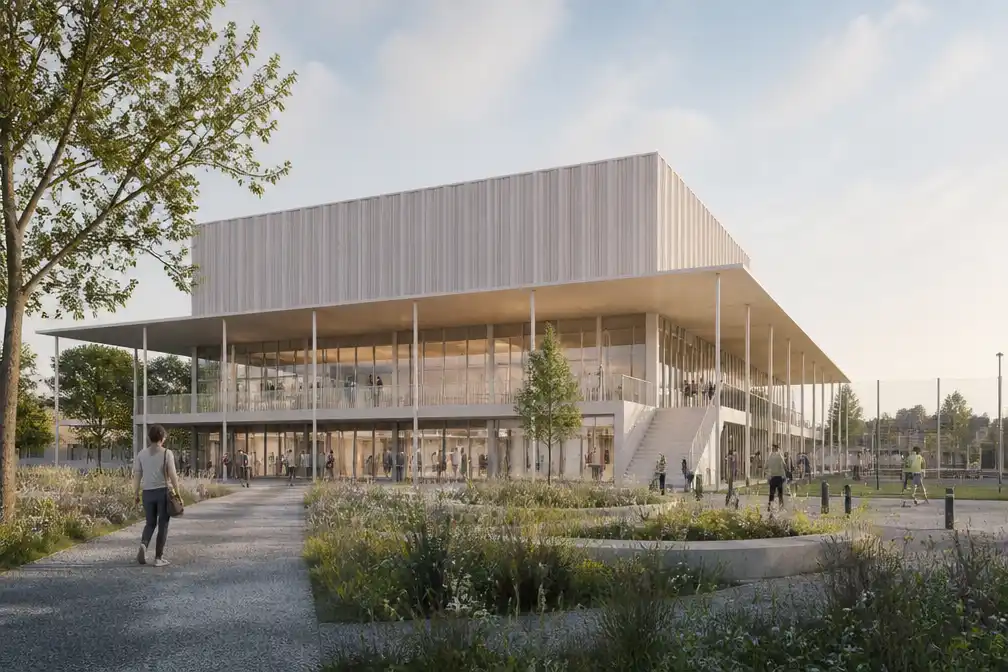 Kortrijk kiest gestapeld ontwerp voor nieuwe Wembley-sporthal van Belgisch-Frans team