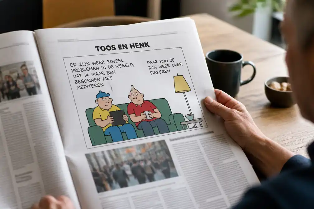Cartoon 'Toos en Henk' van Paul Kusters verschenen in Nederlandse kranten op 11 juli 2026