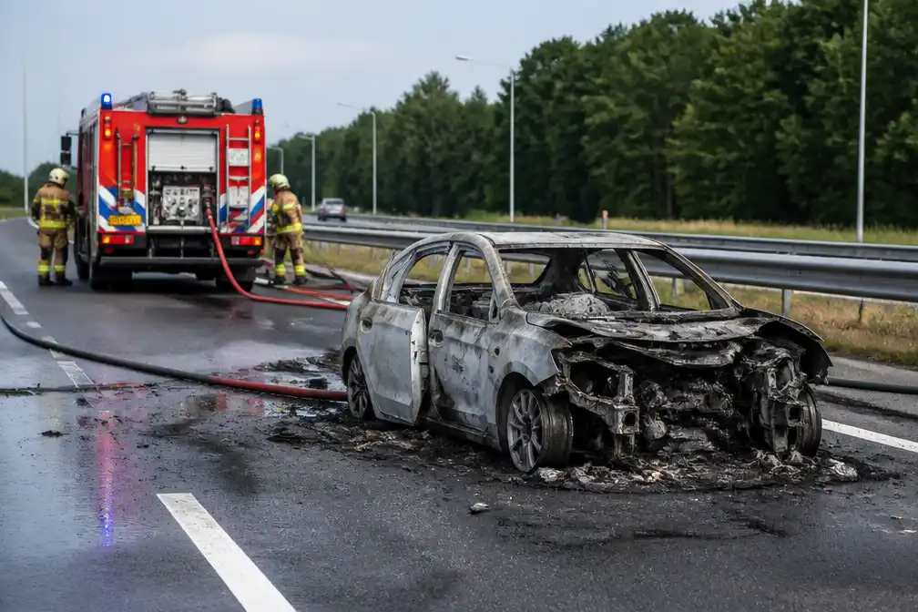 Auto vliegt in brand na aanrijding met ree op A28 bij Assen, snelweg kort dicht