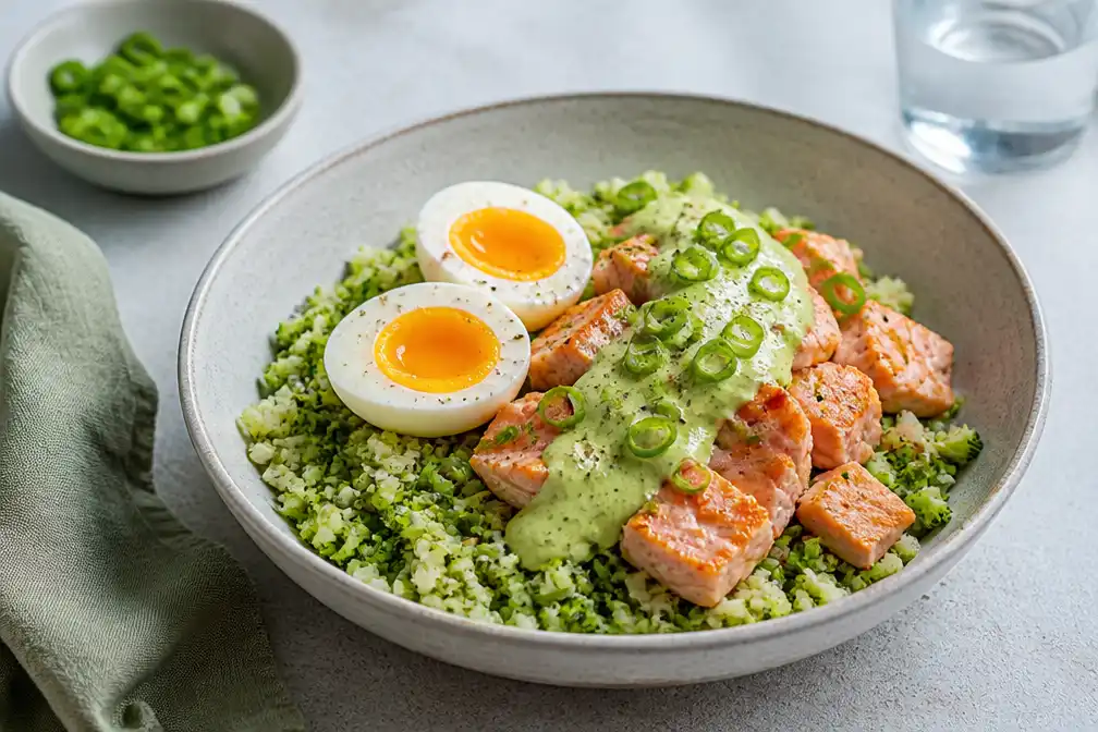 Recept voor broccolirijstbowl met zalm en avocadosaus van Allerhande op 13 juli 2026