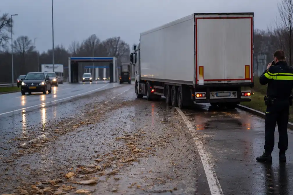 Vrachtwagen verliest slachtafval bij Best, kilometerslang stinkend spoor