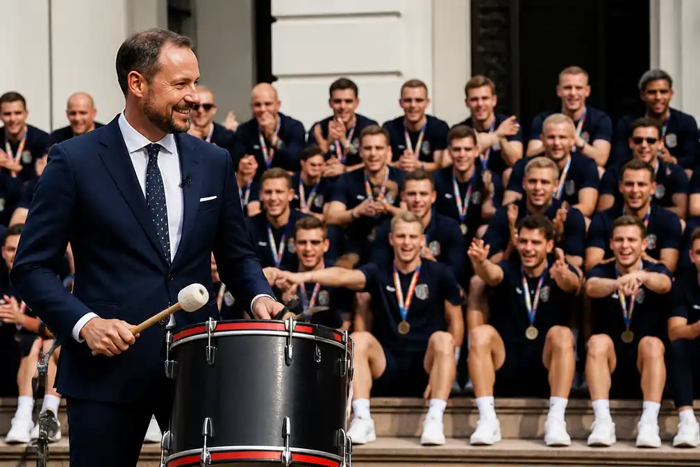 Kroonprins Haakon leidt roei-moment met Noors voetbalelftal op Paleisplein