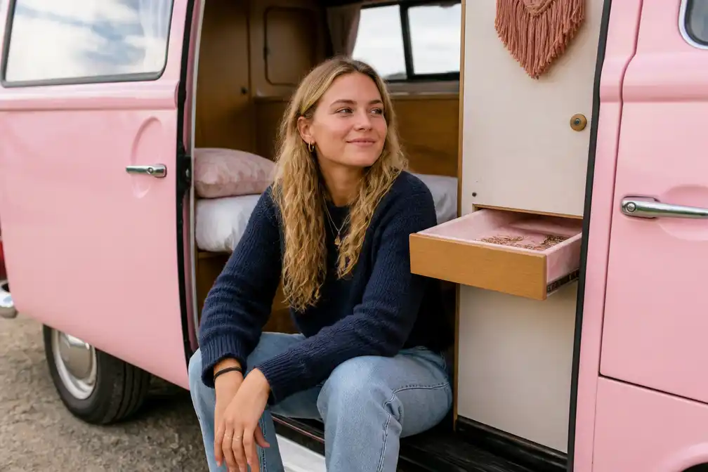 Laura van Beek (26) reist in roze oldtimercamper door Europa, breekt met carrièrenorm