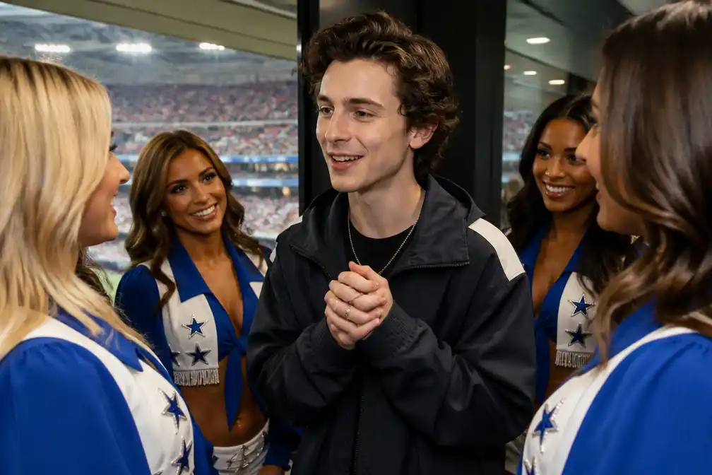 Timothée Chalamet 'starstruck' door Dallas Cowboys Cheerleaders tijdens WK halve finale
