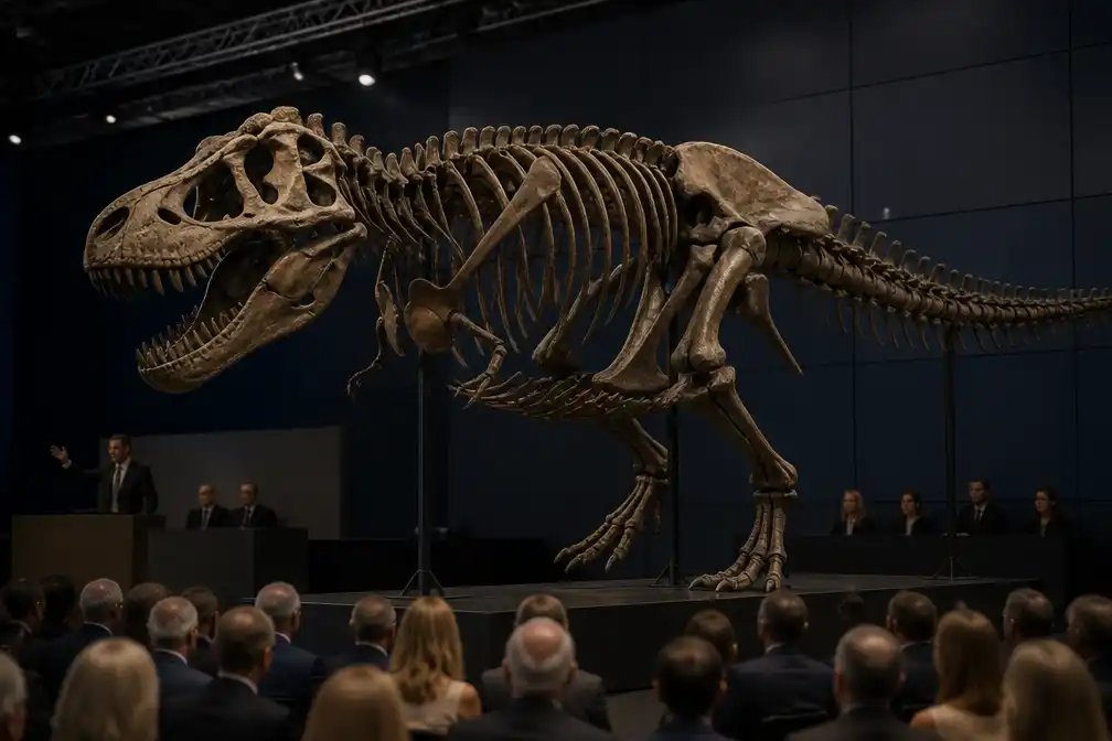 T. rex-skelet 'Gus' geveild voor recordbedrag van 44 miljoen euro bij Sotheby's New York