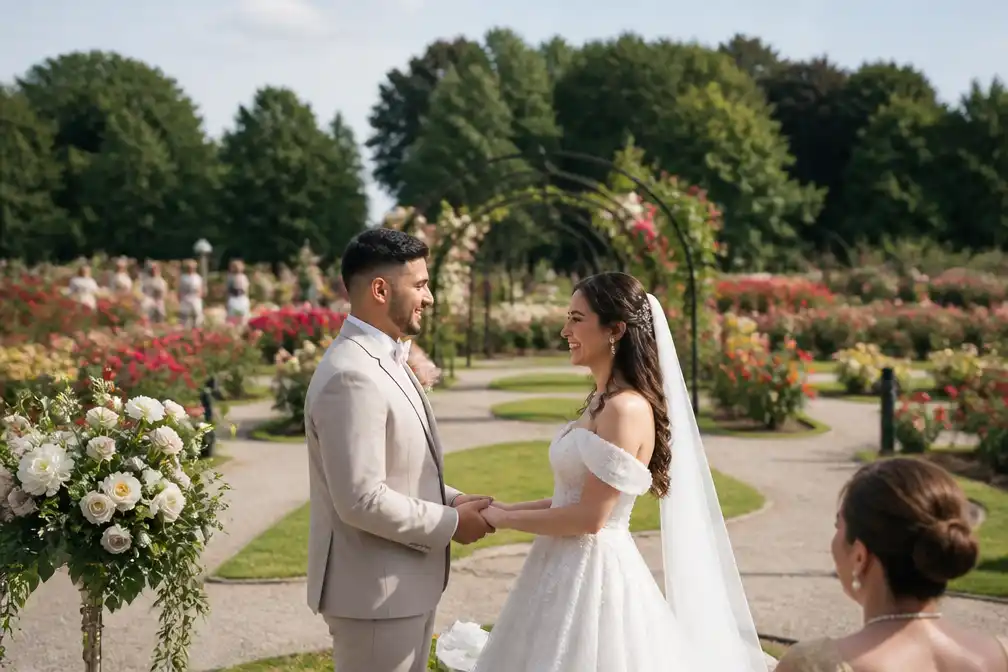 Eerste huwelijk voltrokken in Internationale Rozentuin in Kortrijk