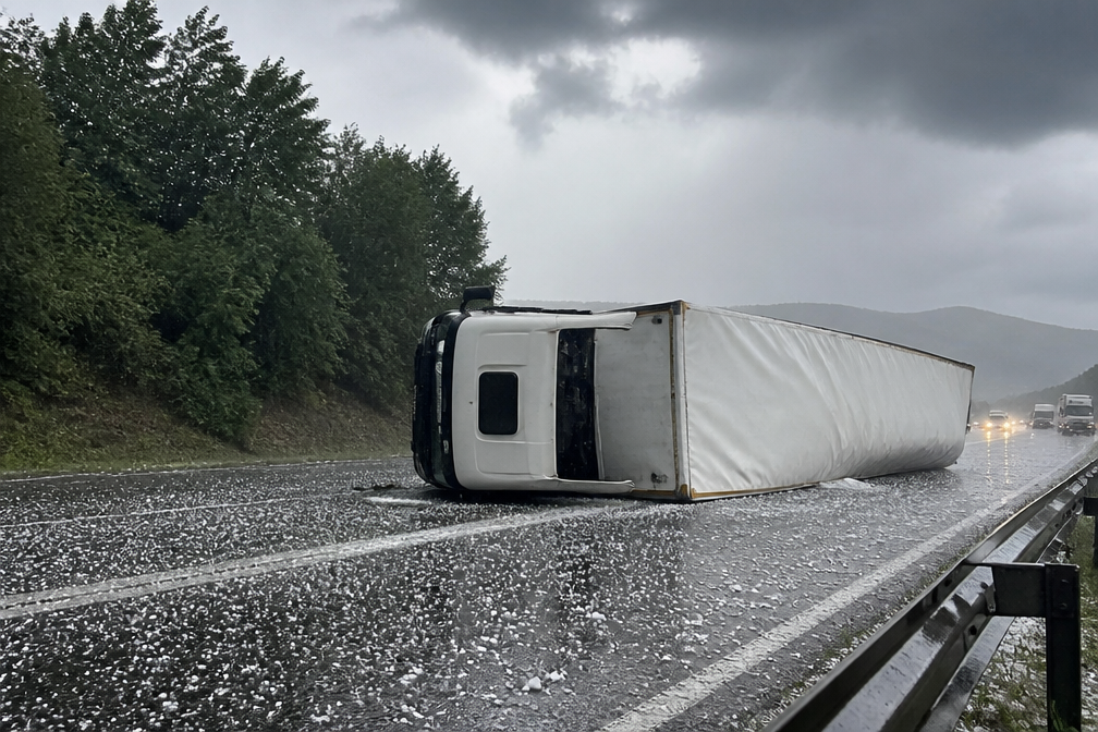 Zwaar noodweer in Frankrijk doet vrachtwagen kantelen bij Saint-Étienne