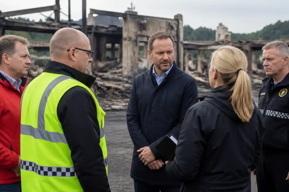 Kroonprins Haakon bezoekt door brand verwoest Krokstadelva