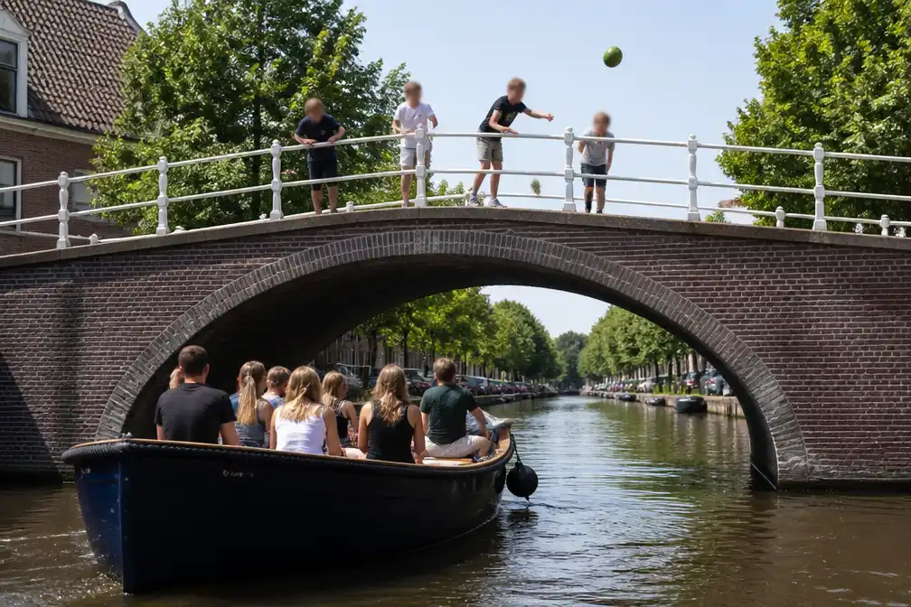 Watermeloen vanaf brug gegooid raakt vrouw op boot in Delft; ziekenhuisbezoek nodig