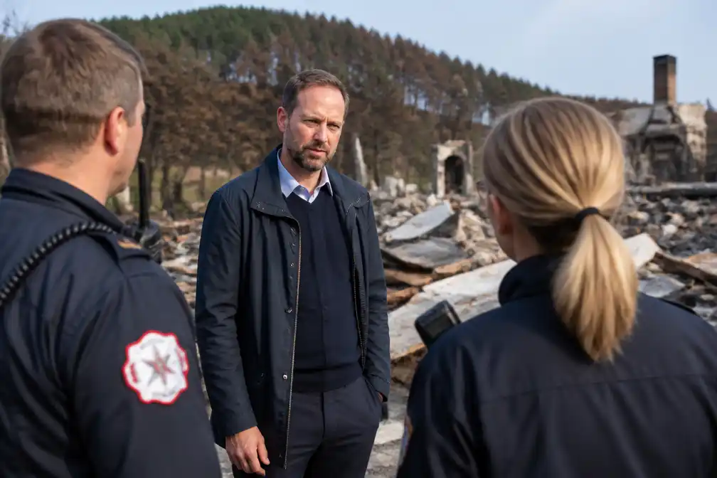 Kroonprins Haakon bezoekt door brand getroffen Krokstadelva, spreekt met hulpverleners