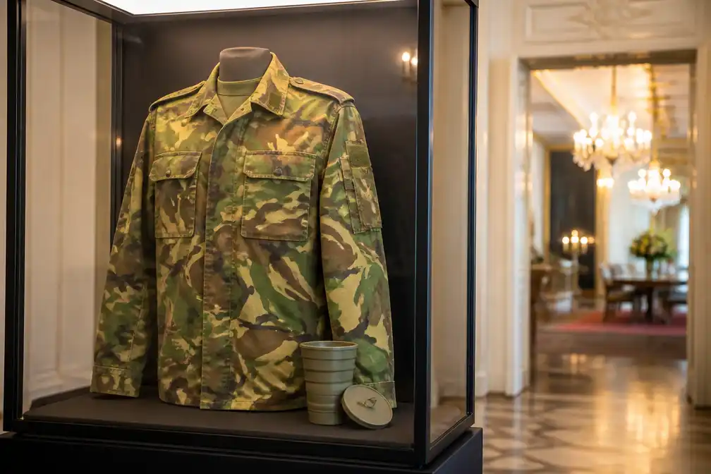Camouflage-uniform en klapmok koningin Máxima tentoongesteld in Paleis Noordeinde