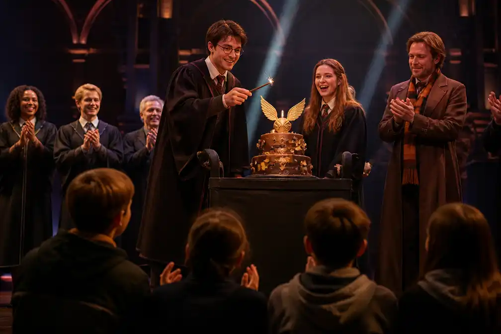 Verjaardag Harry Potter gevierd met taart en verrassing bij theatervoorstelling