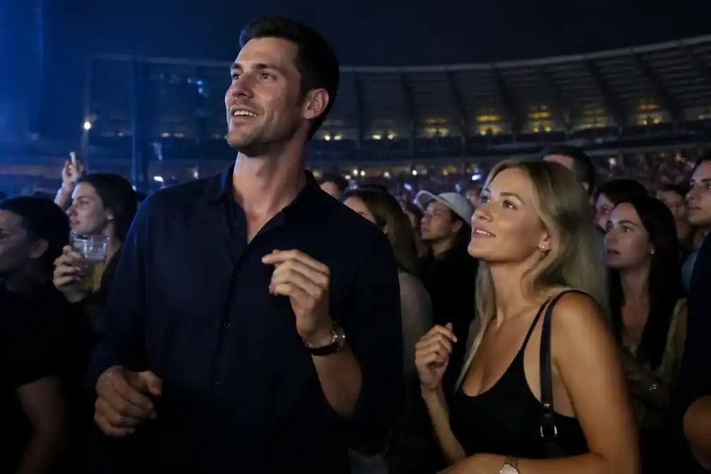 Thibaut Courtois en Mishel Gerzig op concert van Bad Bunny in Brussel