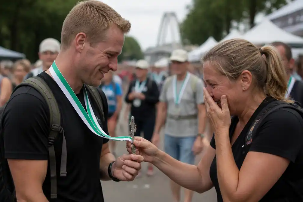 Man geeft Vierdaagsekruisje aan vrouw die finish mist, zij verrast hem