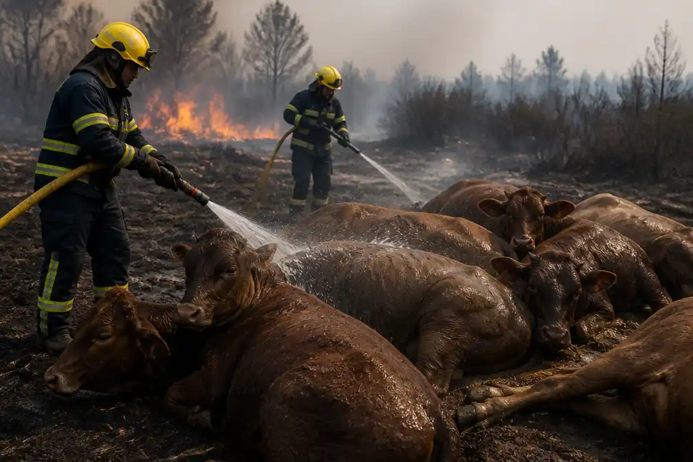 Spaanse brandweer redt uitgeputte kudde koeien van bosbranden bij Madrid