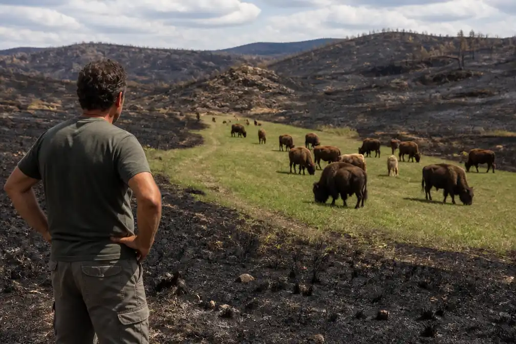 Bizons en runderen creëren natuurlijke brandgang, redden Spaanse boerderij van bosbrand