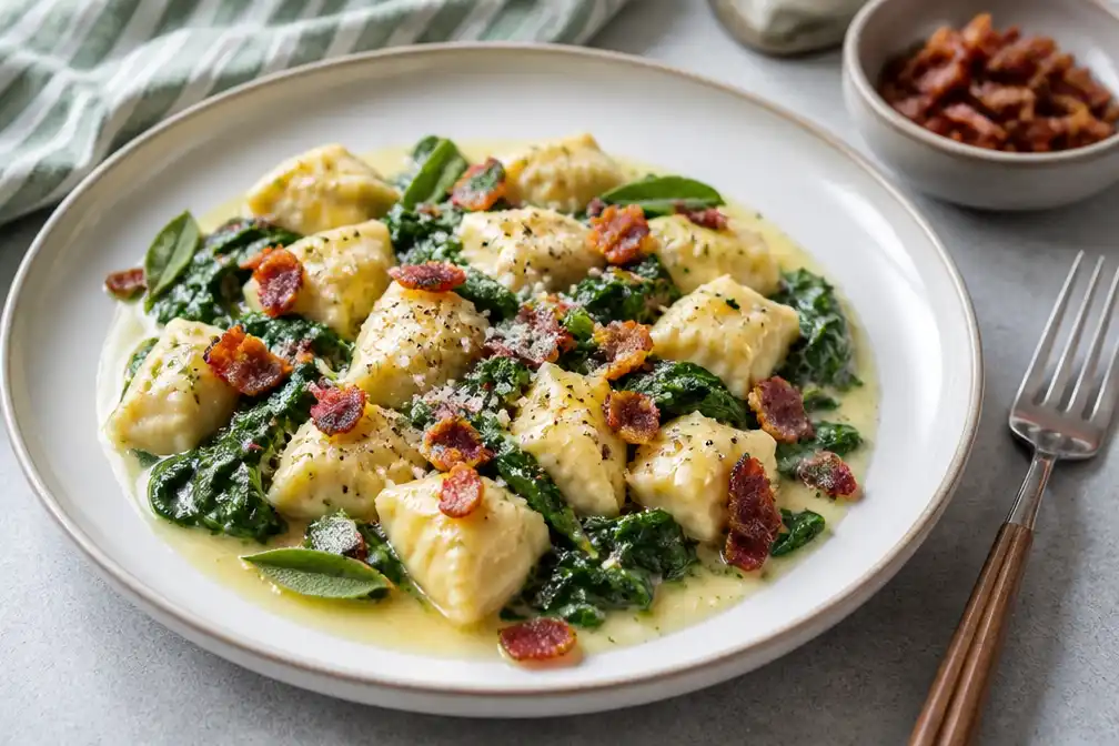 Gevulde gnocchi met gestoofde spinazie en botersaus als dagrecept