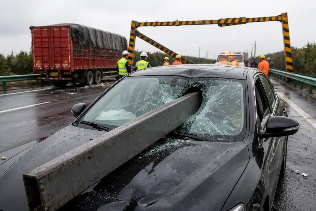 Stalen balk doorboort voorruit auto na botsing vrachtwagen met hoogtebalk in China