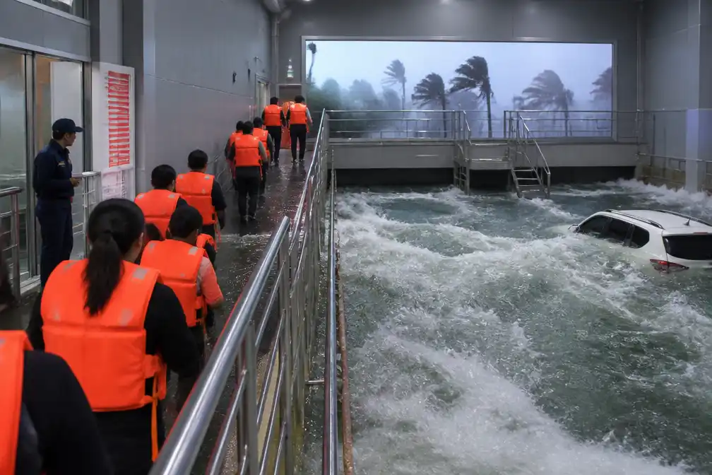 China opent trainingscentrum om overstromingen en tyfoons te simuleren voor inwoners