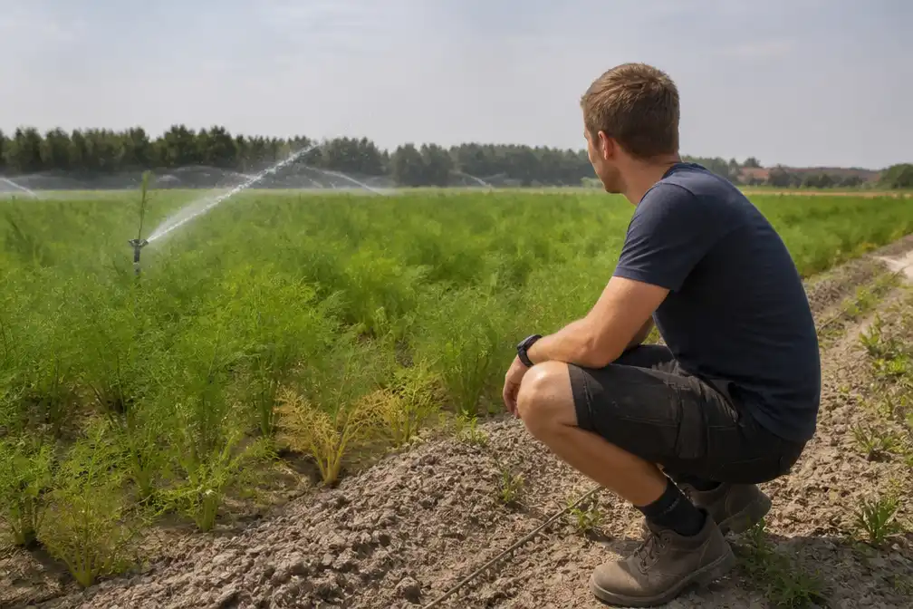 Merchtemse landbouwer Tomas Verspecht (30) bestrijdt droogte met nachtelijke beregening