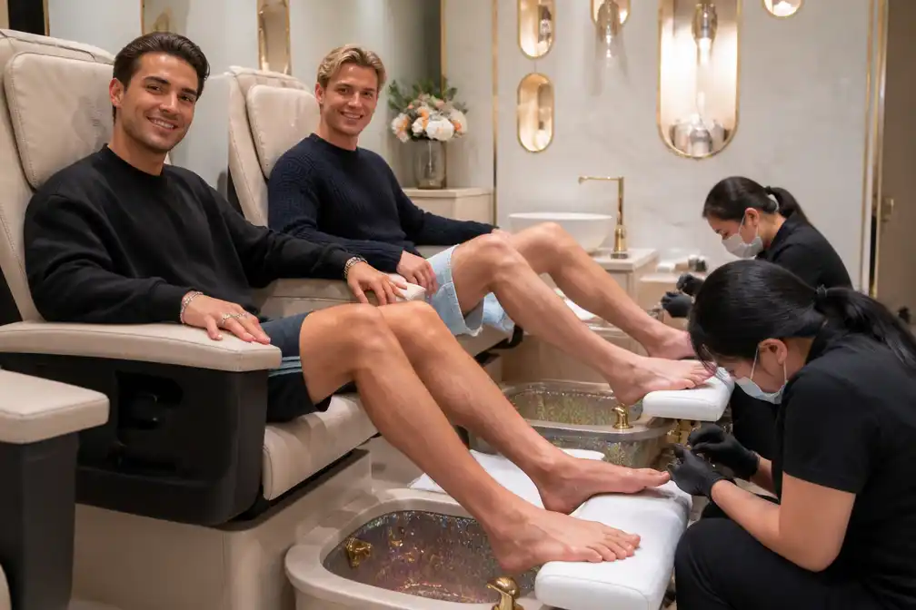 Niels Oosthoek en Martijn Manschot zetten lange teennagels in nagelsalon